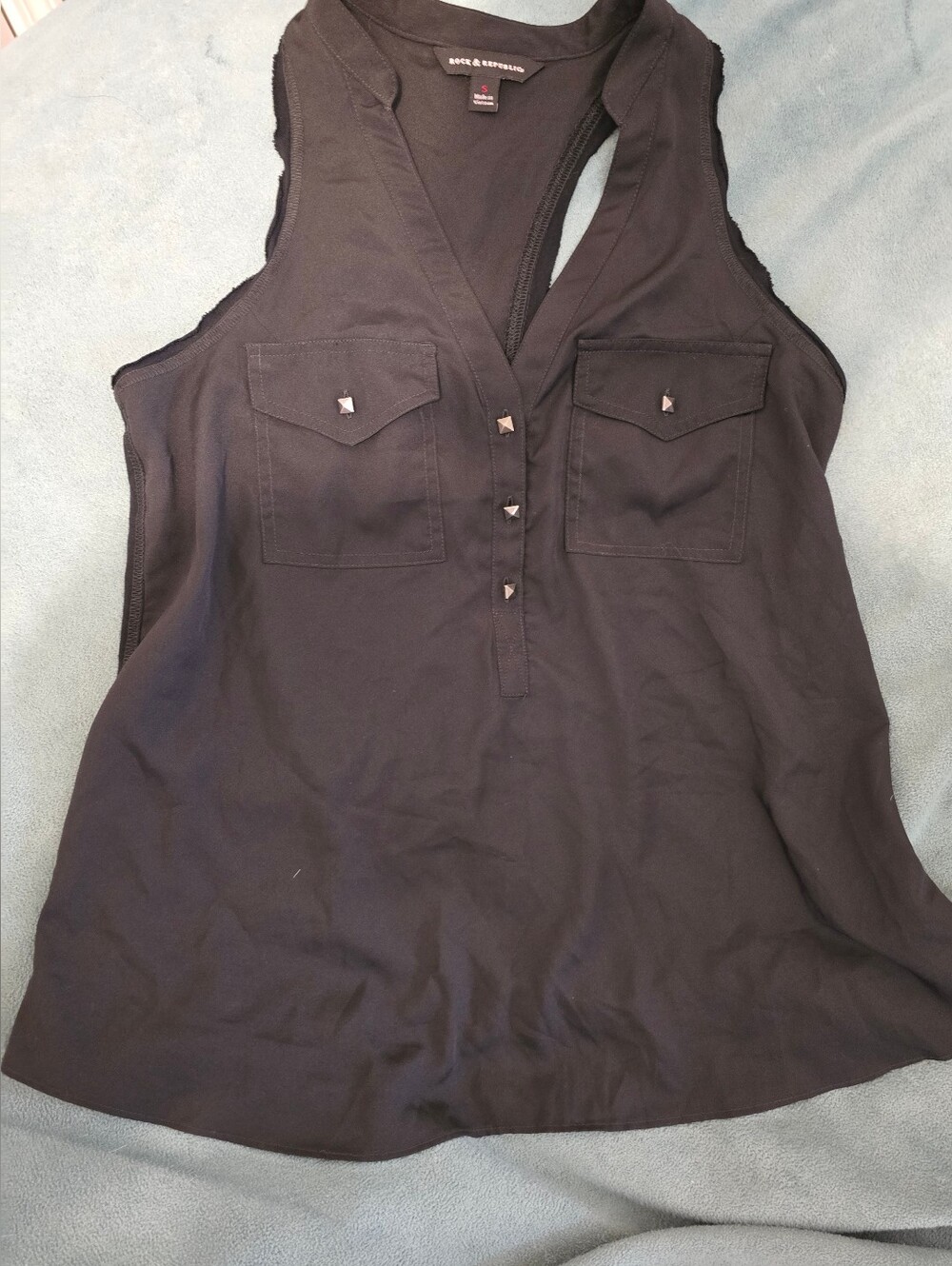 Rock & Republic Black Sleeveless V-Neck Stud Utility Tank